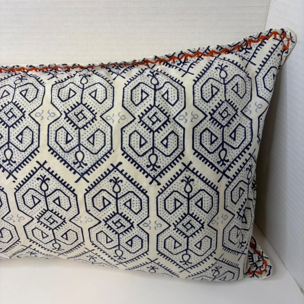 Serena & Lily Blue Geometric Block Print Lumbar Pillow Cover Orange Whipstitch